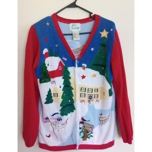 Quacker Factory Christmas Cardigan Sweater‎ Snowman Angel Flag Vintage Sz Medium